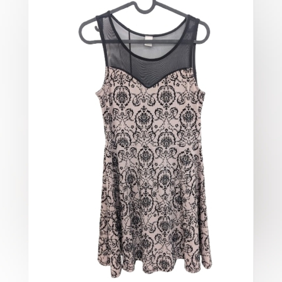 twik Dresses & Skirts - Twik by Simons mesh neck skater dress Nude Black Floral Size S